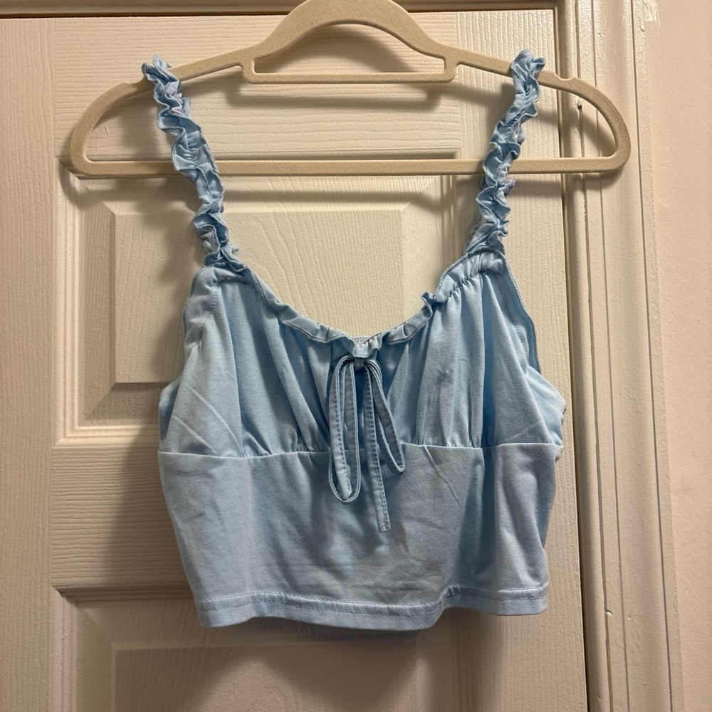 SHEIN Light Blue Ruffle Strap Tie-Front Crop Top